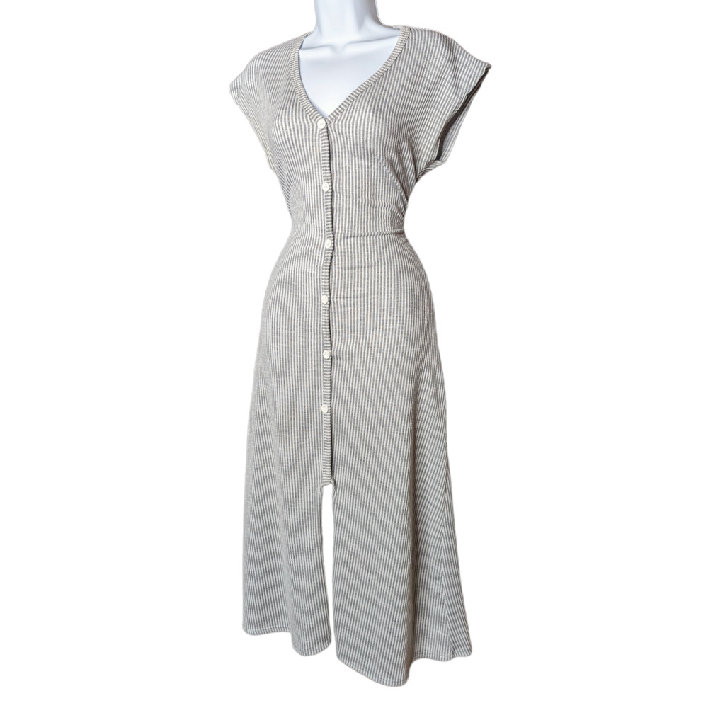 Caution To The Wind V-Neck Short Sleeve Button Slit Pinstripe Gray Midi Dress M